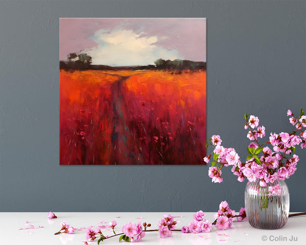 Landscape Canvas Paintings, Acrylic Abstract Art on Canvas, Red Poppy Flower Field Painting, Landscape Acrylic Painting, Living Room Wall Art Paintings-HomePaintingDecor