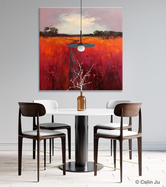 Landscape Canvas Paintings, Acrylic Abstract Art on Canvas, Red Poppy Flower Field Painting, Landscape Acrylic Painting, Living Room Wall Art Paintings-HomePaintingDecor