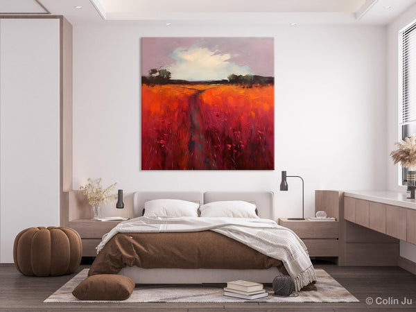 Landscape Canvas Paintings, Acrylic Abstract Art on Canvas, Red Poppy Flower Field Painting, Landscape Acrylic Painting, Living Room Wall Art Paintings-HomePaintingDecor