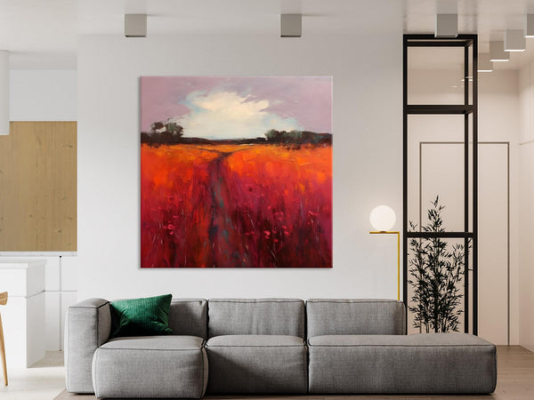 Landscape Canvas Paintings, Acrylic Abstract Art on Canvas, Red Poppy Flower Field Painting, Landscape Acrylic Painting, Living Room Wall Art Paintings-HomePaintingDecor