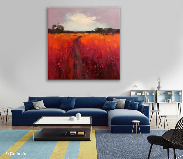 Landscape Canvas Paintings, Acrylic Abstract Art on Canvas, Red Poppy Flower Field Painting, Landscape Acrylic Painting, Living Room Wall Art Paintings-HomePaintingDecor