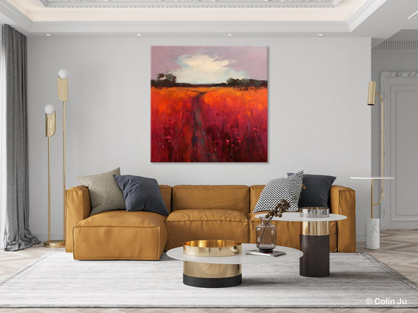 Landscape Canvas Paintings, Acrylic Abstract Art on Canvas, Red Poppy Flower Field Painting, Landscape Acrylic Painting, Living Room Wall Art Paintings-HomePaintingDecor
