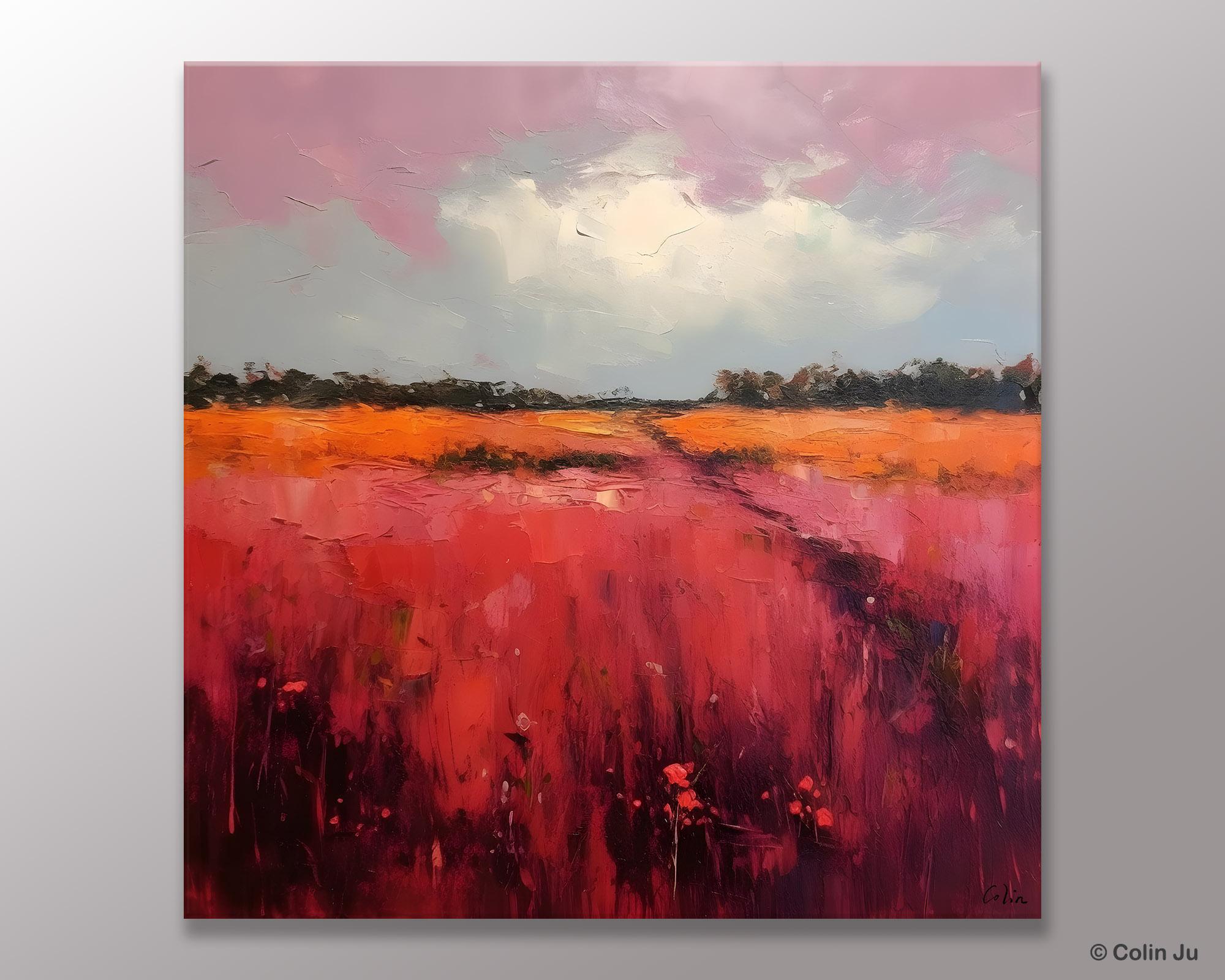 Landscape Paintings for Living Room, Abstract Canvas Painting, Abstract Landscape Art, Red Poppy Field Painting, Original Hand Painted Wall Art-HomePaintingDecor