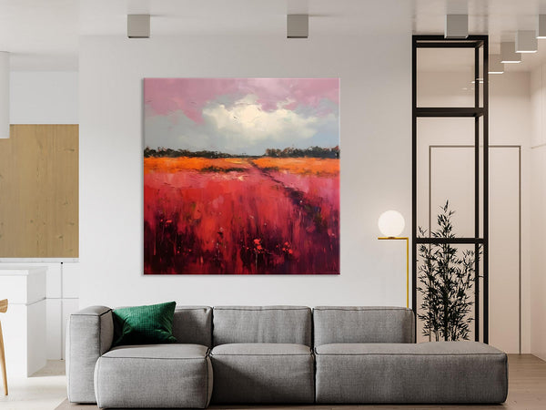 Landscape Paintings for Living Room, Abstract Canvas Painting, Abstract Landscape Art, Red Poppy Field Painting, Original Hand Painted Wall Art-HomePaintingDecor