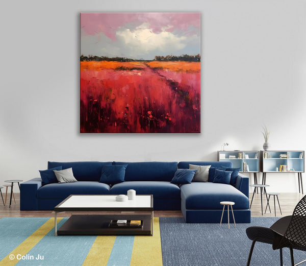 Landscape Paintings for Living Room, Abstract Canvas Painting, Abstract Landscape Art, Red Poppy Field Painting, Original Hand Painted Wall Art-HomePaintingDecor