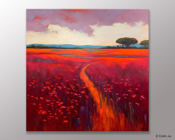 Original Hand Painted Wall Art, Landscape Paintings for Living Room, Abstract Canvas Painting, Abstract Landscape Art, Red Poppy Field Painting-HomePaintingDecor
