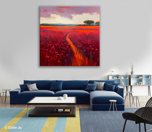Original Hand Painted Wall Art, Landscape Paintings for Living Room, Abstract Canvas Painting, Abstract Landscape Art, Red Poppy Field Painting-HomePaintingDecor