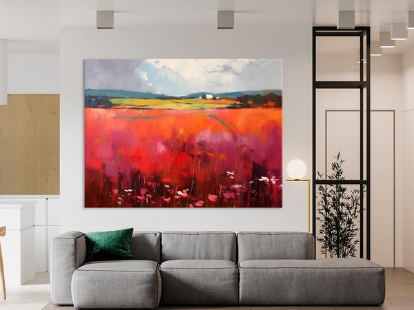 Abstract Canvas Painting, Landscape Paintings for Living Room, Red Poppy Field Painting, Original Hand Painted Wall Art, Abstract Landscape Art-HomePaintingDecor