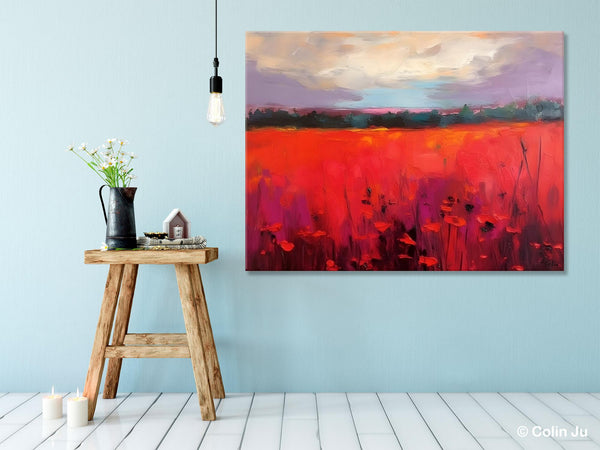 Simple Modern Art, Original Landscape Painting, Landscape Paintings for Living Room, Poppy Filed Canvas Paintings, Large Wall Art Paintings-HomePaintingDecor