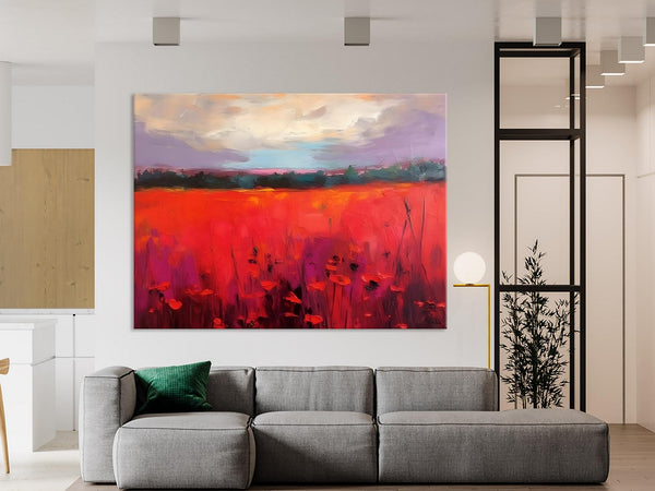 Simple Modern Art, Original Landscape Painting, Landscape Paintings for Living Room, Poppy Filed Canvas Paintings, Large Wall Art Paintings-HomePaintingDecor