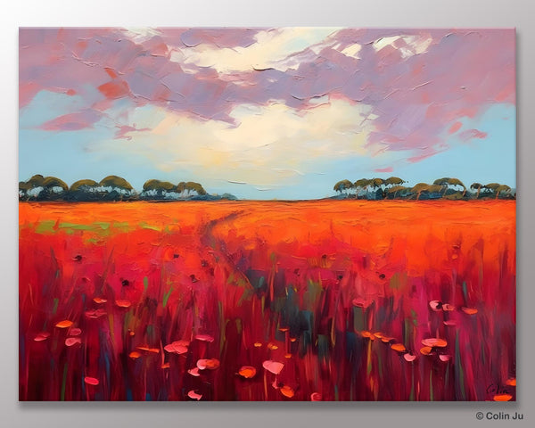 Acrylic Abstract Art, Landscape Canvas Paintings, Red Poppy Flower Field Painting, Landscape Acrylic Painting, Living Room Wall Art Paintings-HomePaintingDecor