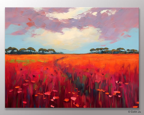 Acrylic Abstract Art, Landscape Canvas Paintings, Red Poppy Flower Field Painting, Landscape Acrylic Painting, Living Room Wall Art Paintings-HomePaintingDecor