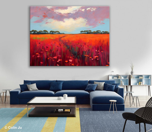 Acrylic Abstract Art, Landscape Canvas Paintings, Red Poppy Flower Field Painting, Landscape Acrylic Painting, Living Room Wall Art Paintings-HomePaintingDecor