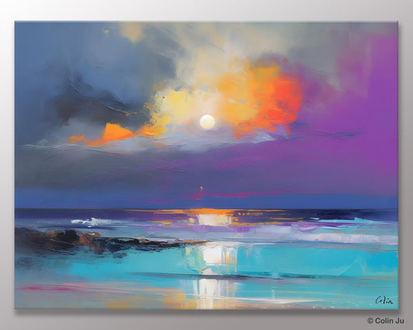 Landscape Painting on Canvas, Hand Painted Canvas Art, Moon Rising from Sea, Contemporary Wall Art Paintings, Extra Large Original Art-HomePaintingDecor