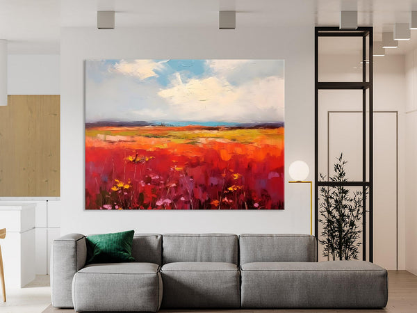 Extra Large Wall Art Painting, Landscape Canvas Painting for Living Room, Flower Field Acrylic Paintings, Original Landscape Acrylic Artwork-HomePaintingDecor