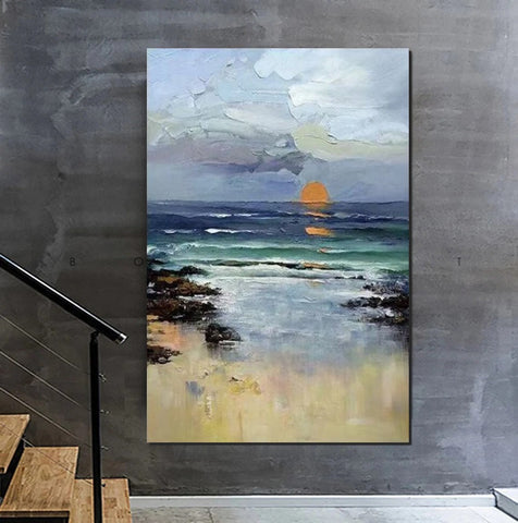 Contemporary Abstract Art for Dining Room, Seashore Sunrise Paintings, Living Room Canvas Art Ideas, Large Landscape Painting, Simple Modern Art-HomePaintingDecor