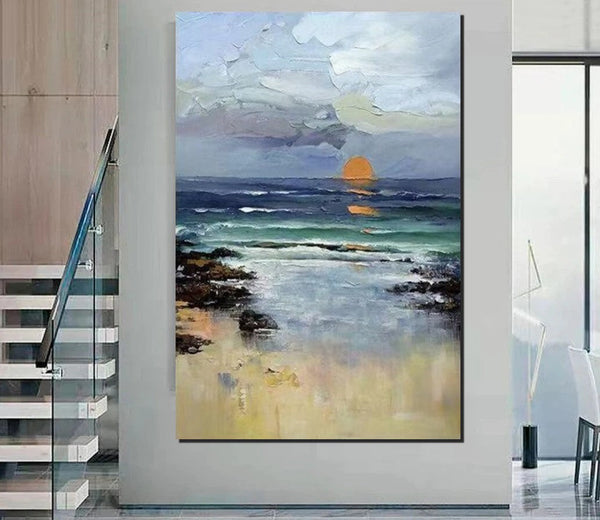 Contemporary Abstract Art for Dining Room, Seashore Sunrise Paintings, Living Room Canvas Art Ideas, Large Landscape Painting, Simple Modern Art-HomePaintingDecor