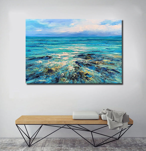 Abstract Landscape Paintings, Blue Sea Wave Painting, Landscape Canvas Paintings, Seascape Painting, Acrylic Paintings for Living Room, Hand Painted Canvas Art-HomePaintingDecor