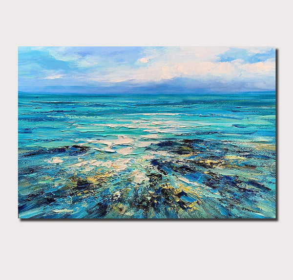 Abstract Landscape Paintings, Blue Sea Wave Painting, Landscape Canvas Paintings, Seascape Painting, Acrylic Paintings for Living Room, Hand Painted Canvas Art-HomePaintingDecor