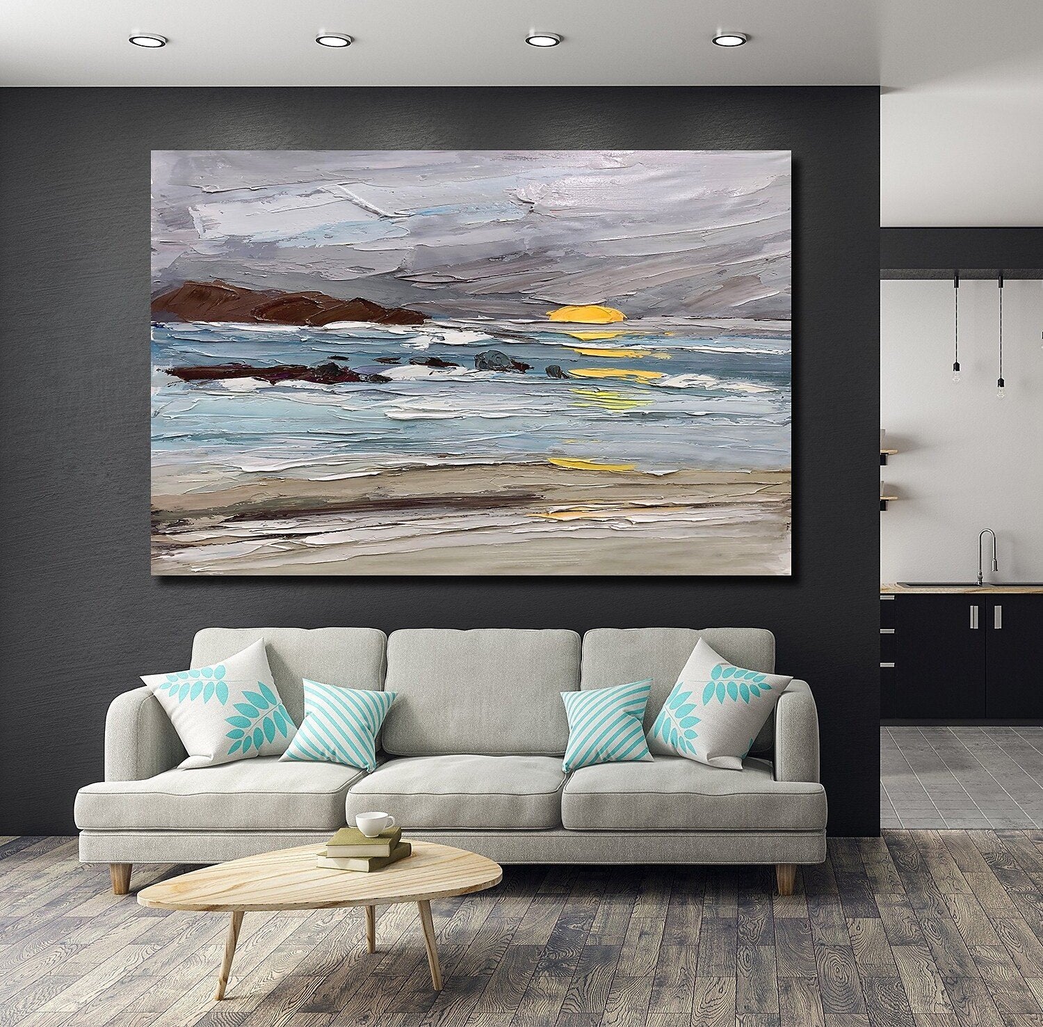 Abstract Landscape Paintings, Landscape Canvas Paintings, Seashore Sunrise Painting, Acrylic Paintings for Living Room, Large Simple Modern Art-HomePaintingDecor