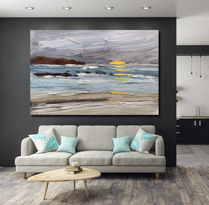Abstract Landscape Paintings, Landscape Canvas Paintings, Seashore Sunrise Painting, Acrylic Paintings for Living Room, Large Simple Modern Art-HomePaintingDecor