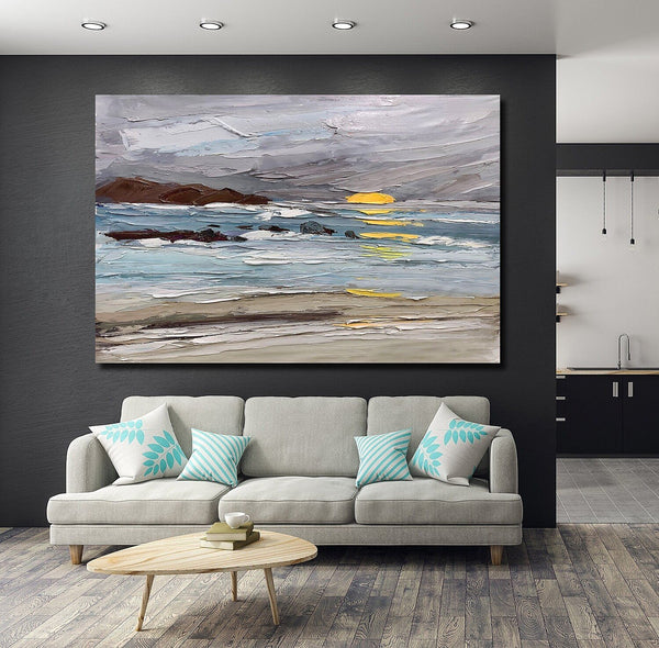 Abstract Landscape Paintings, Landscape Canvas Paintings, Seashore Sunrise Painting, Acrylic Paintings for Living Room, Large Simple Modern Art-HomePaintingDecor
