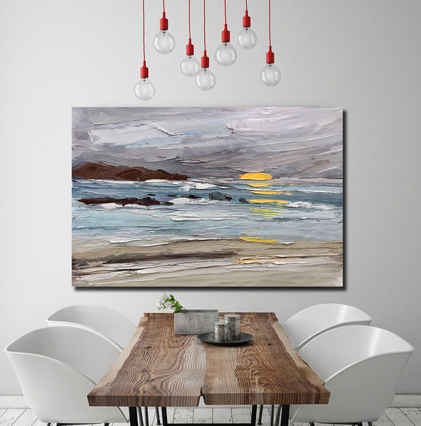 Abstract Landscape Paintings, Landscape Canvas Paintings, Seashore Sunrise Painting, Acrylic Paintings for Living Room, Large Simple Modern Art-HomePaintingDecor