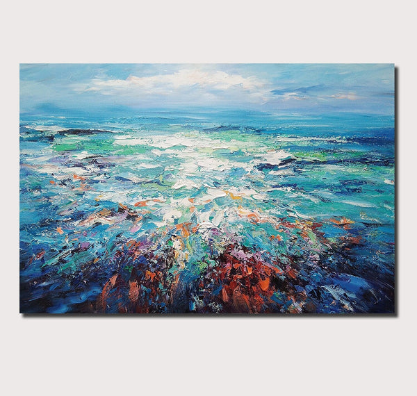 Landscape Canvas Paintings, Abstract Landscape Paintings, Blue Sea Wave Painting, Seascape Painting, Landscape Paintings for Living Room, Heavy Texture Canvas Art-HomePaintingDecor