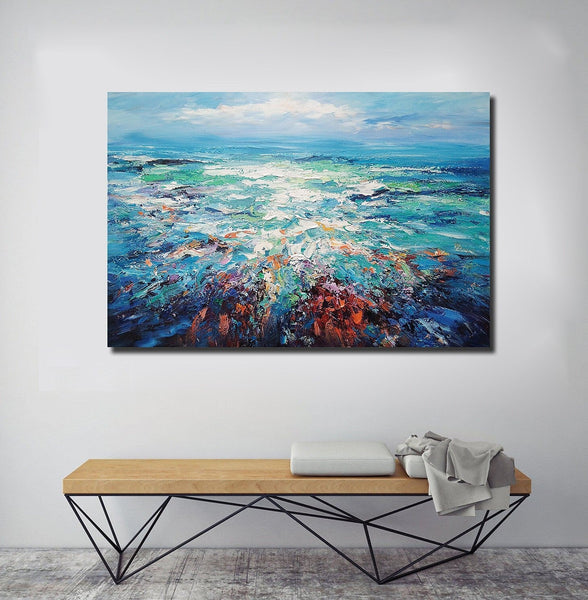 Landscape Canvas Paintings, Abstract Landscape Paintings, Blue Sea Wave Painting, Seascape Painting, Landscape Paintings for Living Room, Heavy Texture Canvas Art-HomePaintingDecor