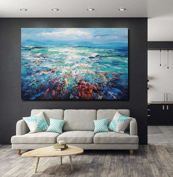 Landscape Canvas Paintings, Abstract Landscape Paintings, Blue Sea Wave Painting, Seascape Painting, Landscape Paintings for Living Room, Heavy Texture Canvas Art-HomePaintingDecor