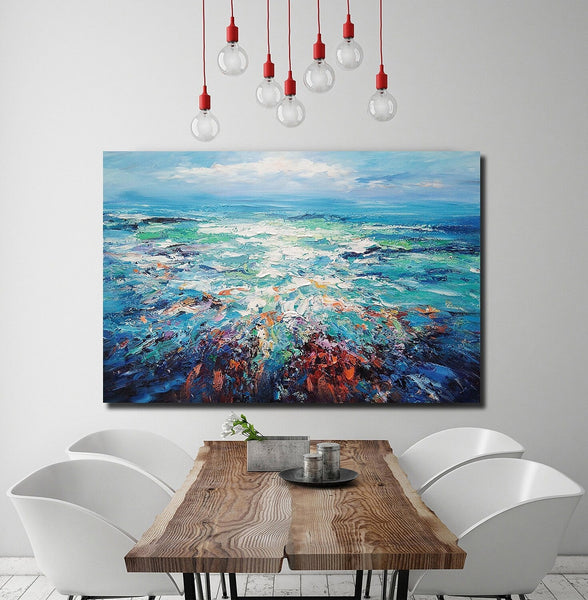 Landscape Canvas Paintings, Abstract Landscape Paintings, Blue Sea Wave Painting, Seascape Painting, Landscape Paintings for Living Room, Heavy Texture Canvas Art-HomePaintingDecor