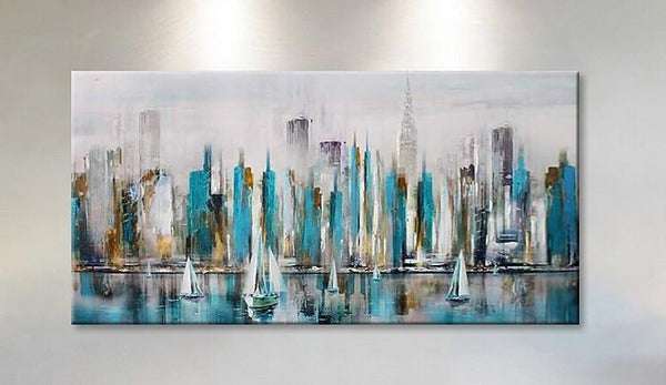Sail Boat Painting, Cityscape Painting, Abstract Landscape Art, Wall Art Paintings, Simple Modern Paintings for Living Room-HomePaintingDecor