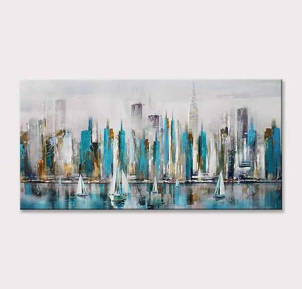 Sail Boat Painting, Cityscape Painting, Abstract Landscape Art, Wall Art Paintings, Simple Modern Paintings for Living Room-HomePaintingDecor