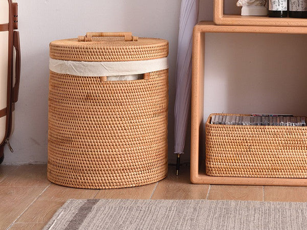 Large Laundry Storage Basket with Lid, Large Rattan Storage Basket for Bathroom, Woven Round Storage Basket for Clothes-HomePaintingDecor