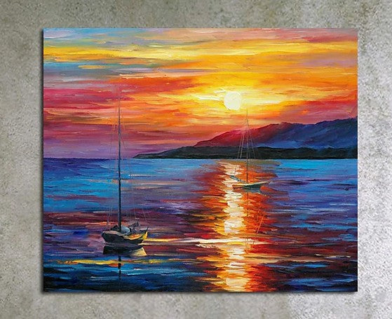 Boat Paintings, Simple Modern Art, Paintings for Living Room, Sunrise Painting, landscape Canvas Painting, Hand Painted Canvas Painting-HomePaintingDecor