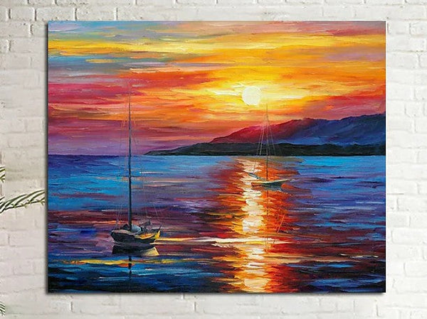 Boat Paintings, Simple Modern Art, Paintings for Living Room, Sunrise Painting, landscape Canvas Painting, Hand Painted Canvas Painting-HomePaintingDecor