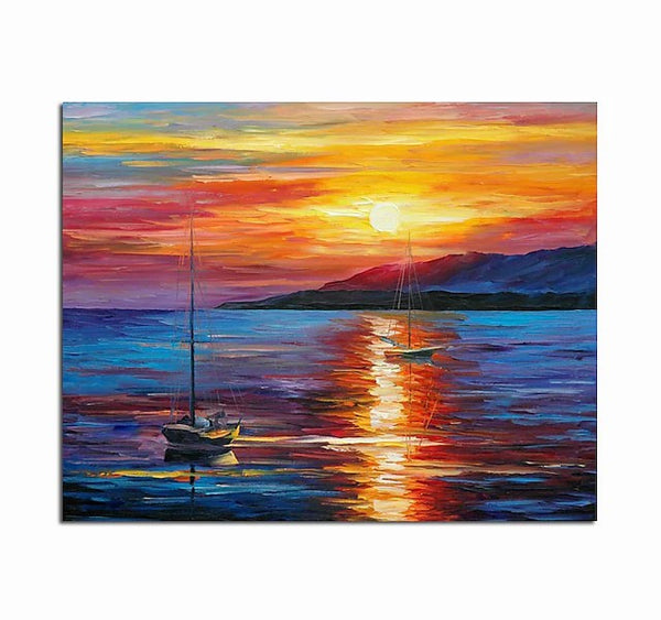 Boat Paintings, Simple Modern Art, Paintings for Living Room, Sunrise Painting, landscape Canvas Painting, Hand Painted Canvas Painting-HomePaintingDecor