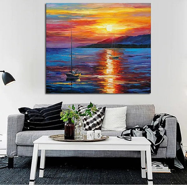 Boat Paintings, Simple Modern Art, Paintings for Living Room, Sunrise Painting, landscape Canvas Painting, Hand Painted Canvas Painting-HomePaintingDecor