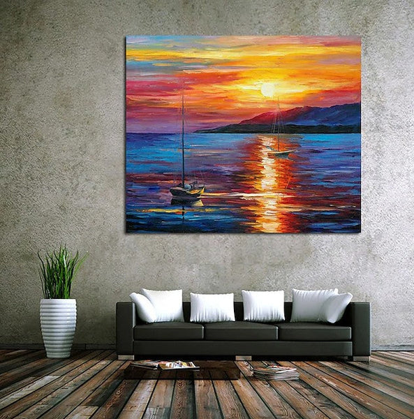 Boat Paintings, Simple Modern Art, Paintings for Living Room, Sunrise Painting, landscape Canvas Painting, Hand Painted Canvas Painting-HomePaintingDecor