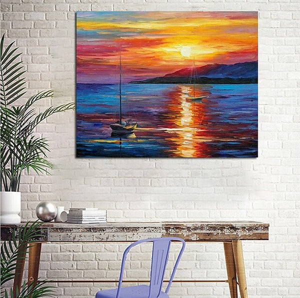 Boat Paintings, Simple Modern Art, Paintings for Living Room, Sunrise Painting, landscape Canvas Painting, Hand Painted Canvas Painting-HomePaintingDecor