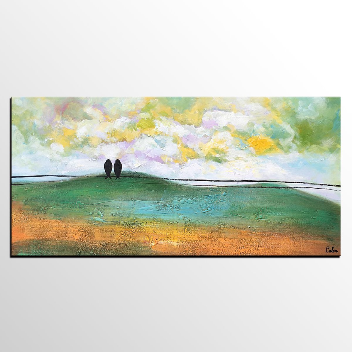 Wedding Gift Canvas Painting, Abstract Love Birds Art, Romantic Original Artwork, Couples Wall Decor