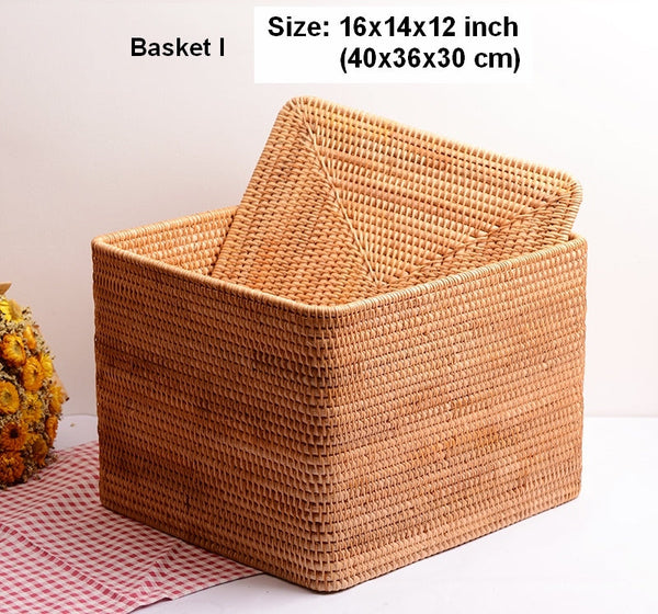 Storage Baskets with Lid, Rectangular Storage Baskets, Storage Baskets for Clothes, Pantry Storage Baskets, Rattan Woven Storage Basket for Bedroom-HomePaintingDecor