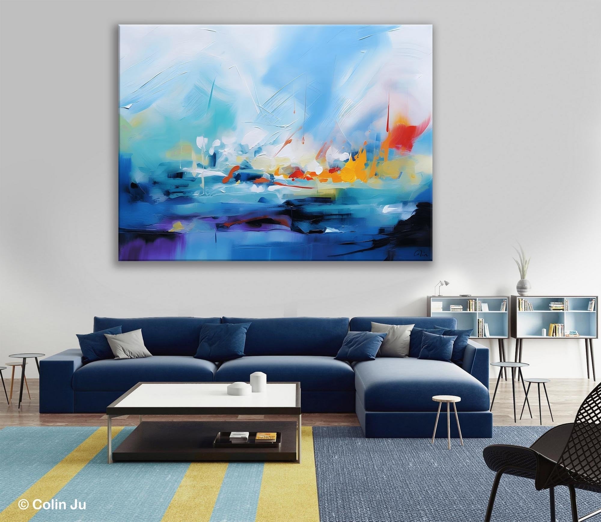 Hand Painted Canvas Art, Blue Original Wall Art Painting for Bedroom, Extra Large Modern Canvas Paintings, Acrylic Paintings on Canvas-HomePaintingDecor
