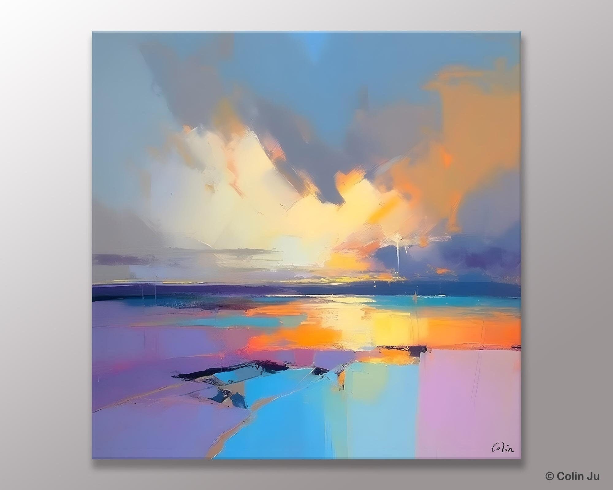 Sunrise Landscape Acrylic Art, Landscape Canvas Art, Original Abstract Art, Hand Painted Canvas Art, Large Abstract Painting for Living Room-HomePaintingDecor