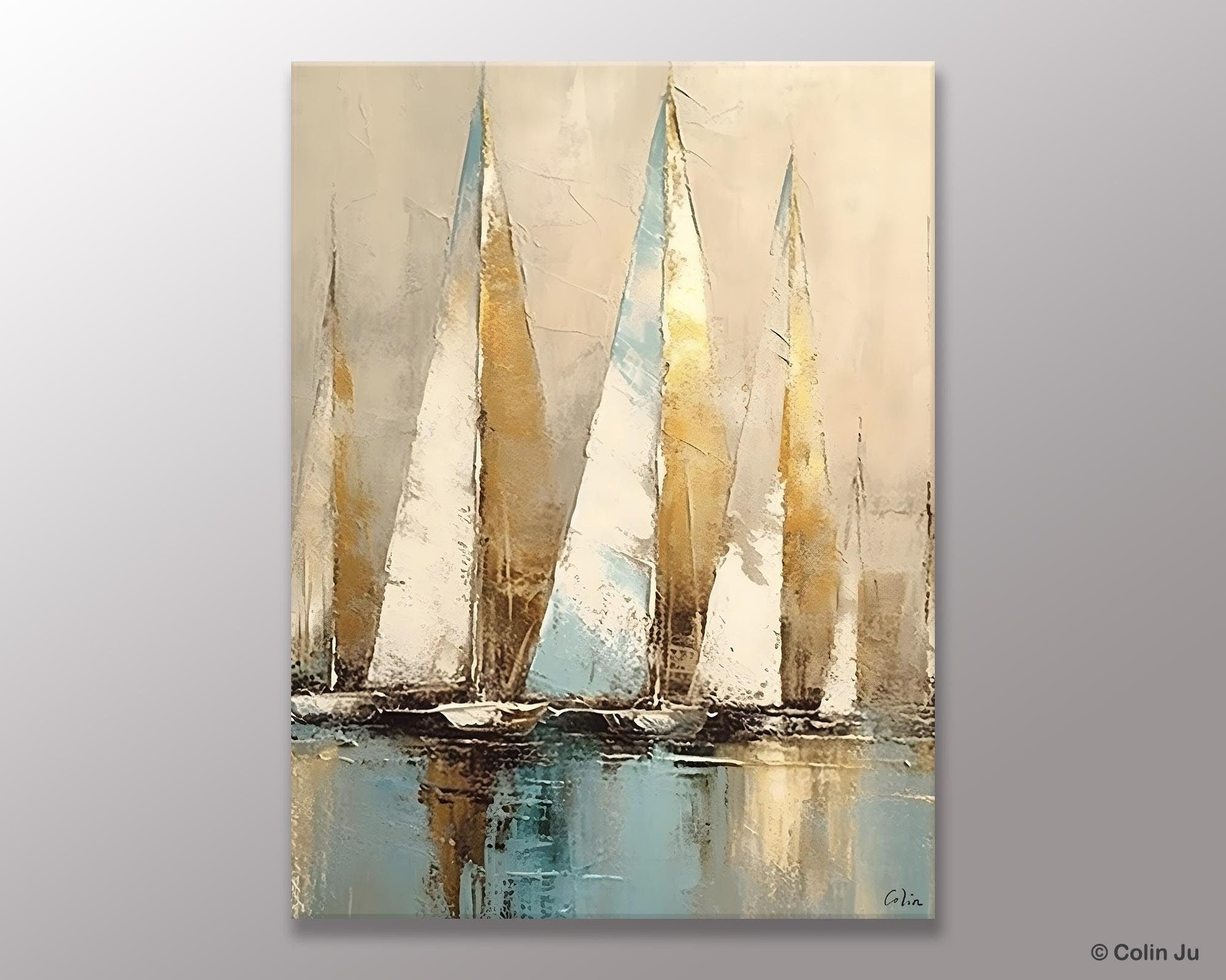 Sail Boat Abstract Painting, Original Landscape Art, Nautical Canvas Decor, Seascape Wall Artwork