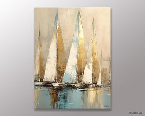 Sail Boat Abstract Painting, Landscape Canvas Paintings for Dining Room, Acrylic Painting on Canvas, Original Landscape Abstract Painting-HomePaintingDecor