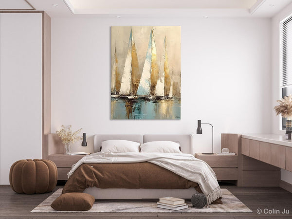 Sail Boat Abstract Painting, Landscape Canvas Paintings for Dining Room, Acrylic Painting on Canvas, Original Landscape Abstract Painting-HomePaintingDecor