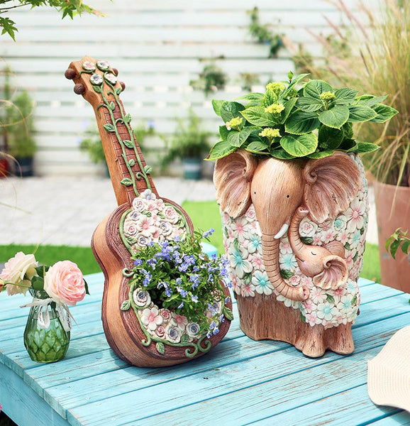 Modern Garden Flower Pot, Unique Guitar Flowerpot for Garden Ornaments, Beautiful Guitar Flowerpot, Villa Outdoor Decor Gardening Ideas-HomePaintingDecor