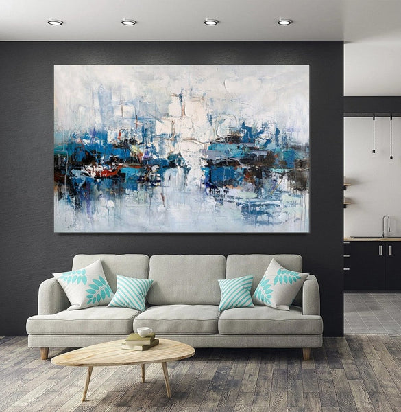Large Wall Art Paintings Behind Sofa, Acrylic Paintings on Canvas, Acrylic Painting for Bedroom, Blue Modern Paintings, Heavy Texture Canvas Art-HomePaintingDecor