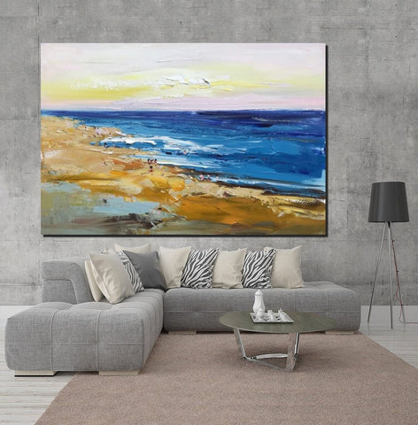 Large Paintings Behind Sofa, Landscape Painting for Living Room, Acrylic Paintings on Canvas, Heavy Texture Painting, Seashore Beach Painting-HomePaintingDecor